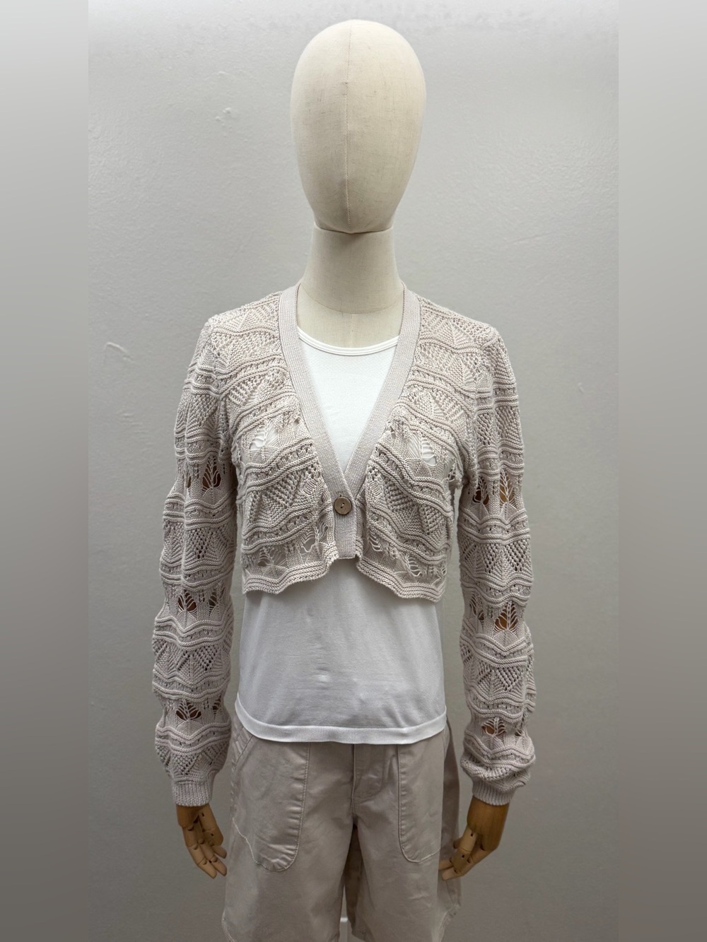 Pink Rose Cropped Open Knit Cardigan (Size L)